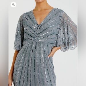 NWT |Mac Duggal 93583 Slate Blue Grey Sequined V Neck Cape Sleeve Gown Size 10